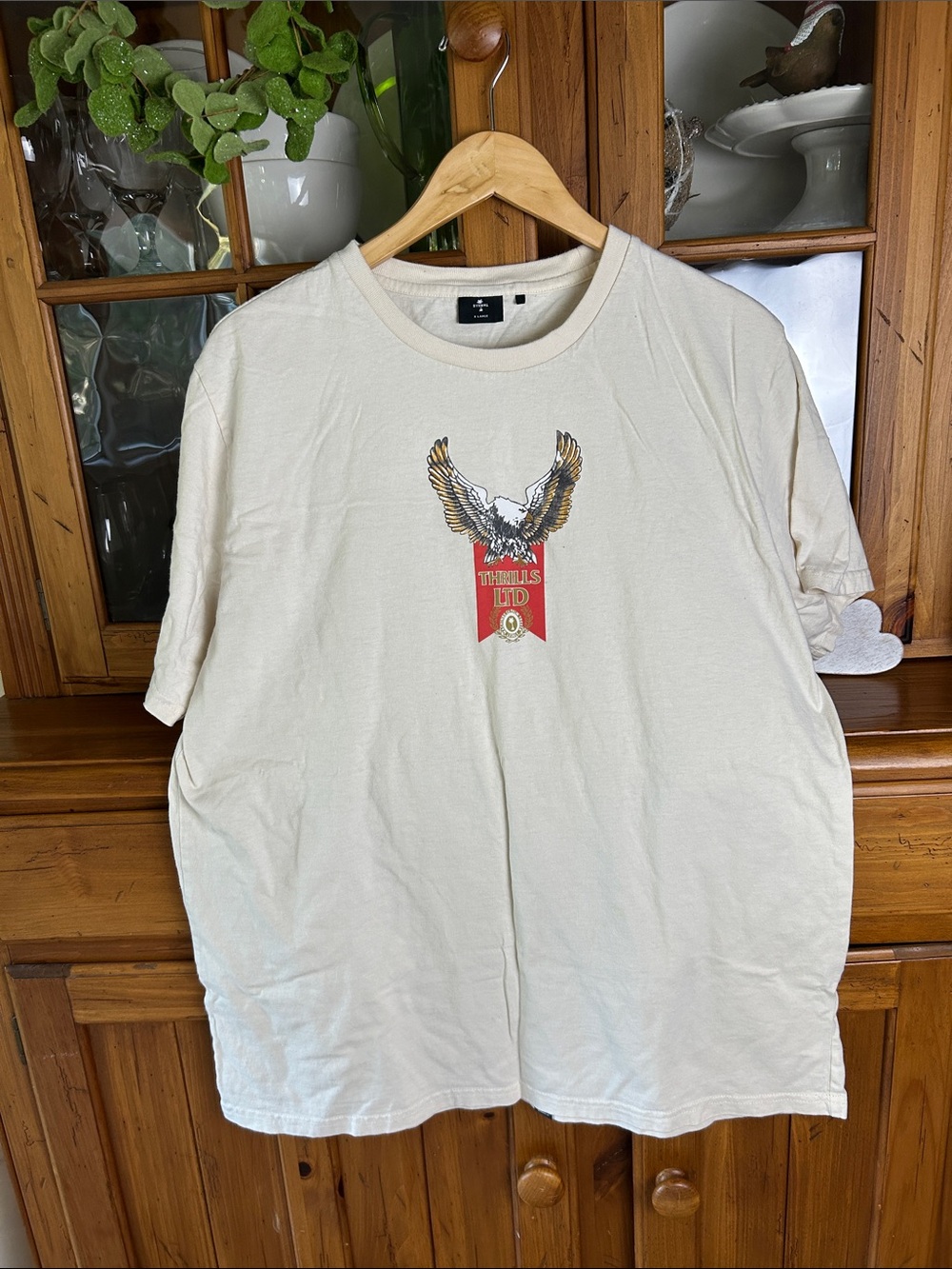 Thrills Cream Short-Sleeve Tee with Eagle Graphic and Red Banner